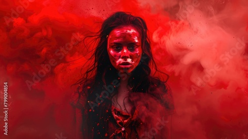 Woman in red paint resembling blood against a background of red smoke.
