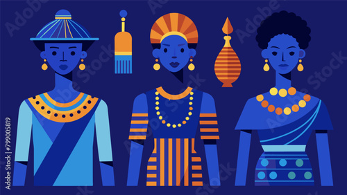 A showcase of traditional African craftmanship with models wearing handdyed indigo clothing and intricately beaded shoes and bags highlighting the. Vector illustration