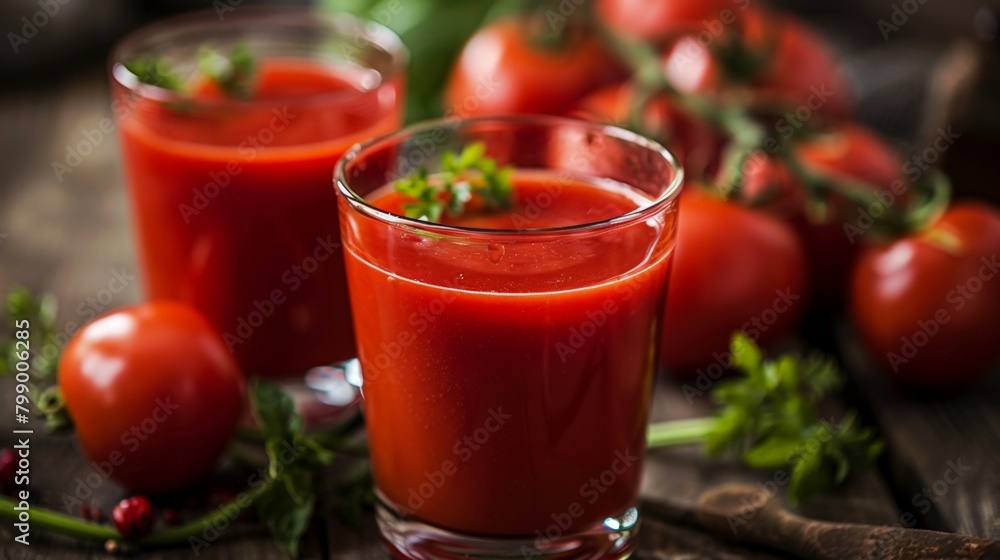 Two tomato juice glasses and tomatoes on table Two tomato juice glasses and tomatoes on table