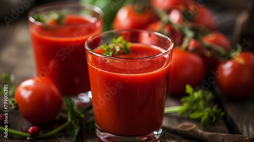 Two tomato juice glasses and tomatoes on table