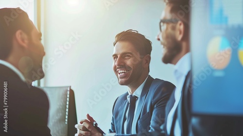 A group of businessmen smiling confidently while discussing business strategies in a corporate meeting, Businessmen centered