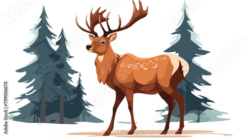 Majestic deer reindeer flat vector illustration. Wi