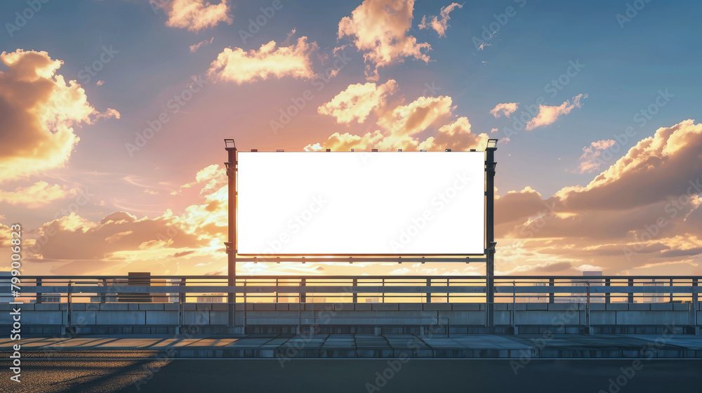 Obraz premium A blank billboard stands along the highway in a modern city, ready for advertising. Mockup