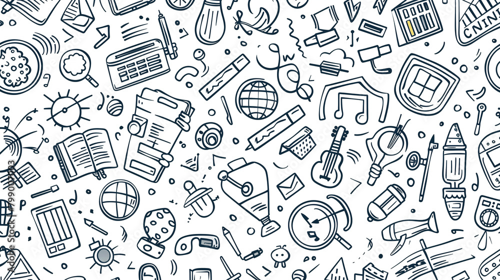 Black and White Seamless Pattern of School and Office Supplies Doodles Black and White Seamless Pattern of School and Office Supplies Doodles