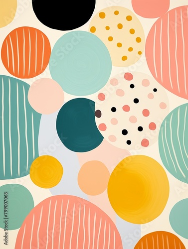 Dappled discs, contemporary style, stylized pattern, flat graphic, solid canvas , childlike drawing