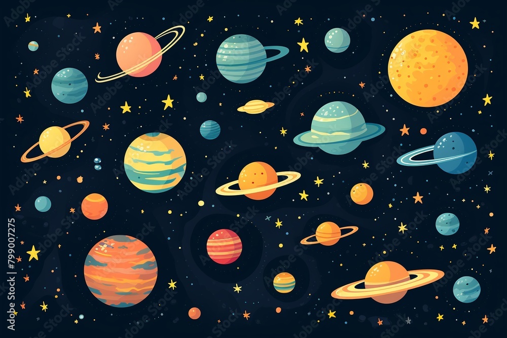 Galactic exploration, rockets and rings, flat motif, solid color base , cute hand drawn Galactic exploration, rockets and rings, flat motif, solid color base , cute hand drawn