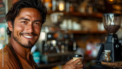 Hispanic male cafe owner in his 30s smiling and making espresso. Concept Portrait, Small Business Owner, Espresso Making, Hispanic Male, Smiling