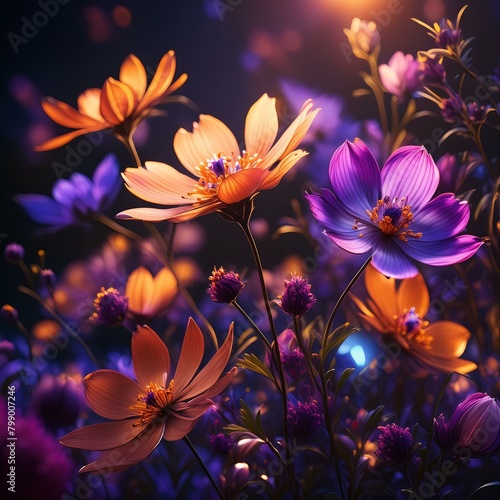 Enchanted Nightfall: Close-Up of Beautiful Flowers in 3D © Mureed