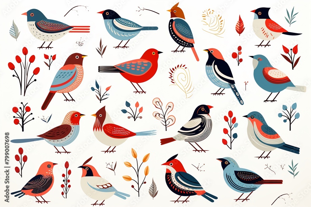 Scandinavian birds, nature accents, continuous graphic, flat design, white ,  pattern vectors and illustration