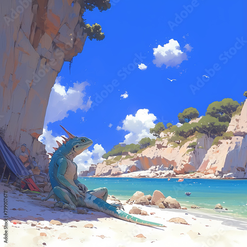 A serene beach scene featuring an elegant mythical creature basking in the sun.