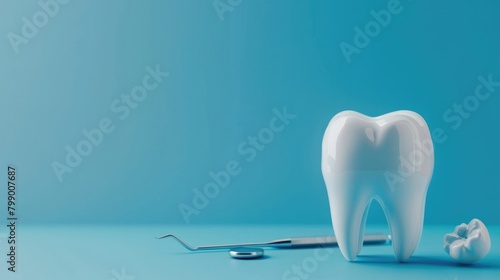 Photography of Dentistry concept. Model of a tooth and dental instruments on a blue background with space for text. photo