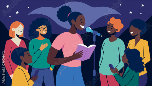 An open mic night featuring talented upandcoming African American writers and poets who share their original pieces captivating the audience with. Vector illustration