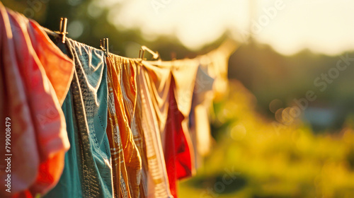 A colorful array of freshly washed laundry, including linens and clothes, swaying gently in the breeze on a clothesline photo