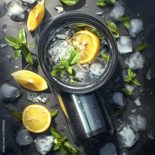 A revitalizing summertime beverage: A close-up of ice-cold lemonade inside a silver insulated tumbler with visible condensation and sprigs of fresh basil.