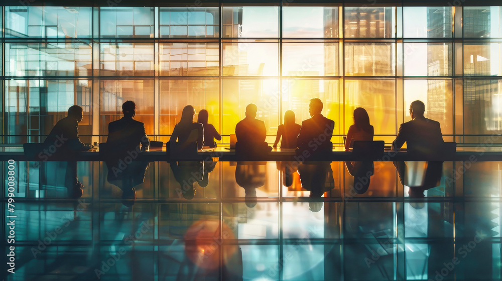 A diverse group of professionals engage in a lively discussion during a management meeting at the office table