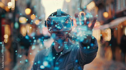 man wearing vr googles in street seeing virtual objects, augment reality concept, futuristic