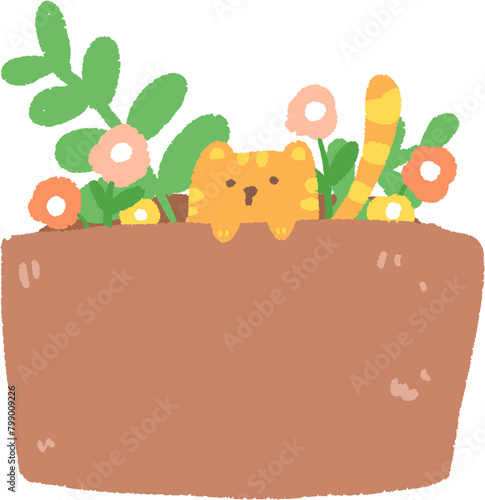 A cute cat hiding in a flower pot  peeking out over the edge
