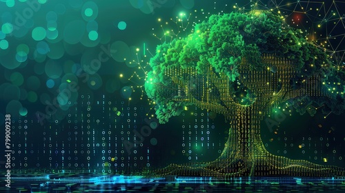 Digital tree with sprouts and binary code in glowing futuristic polygonal style. Poster for an educational program for children. Technology training for teenagers. Vector illustration AI generated photo