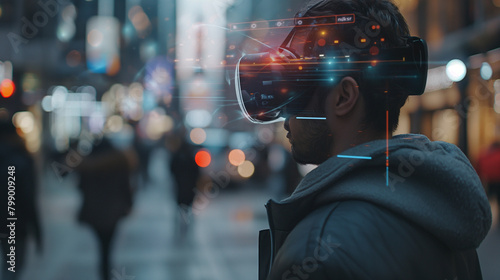 man wearing vr googles in street seeing virtual objects, augment reality concept, futuristic photo