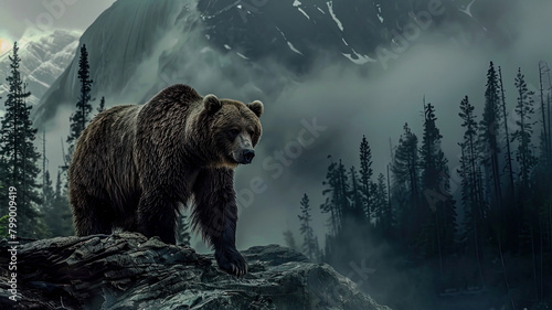Wet grizzly bear in mountains photo