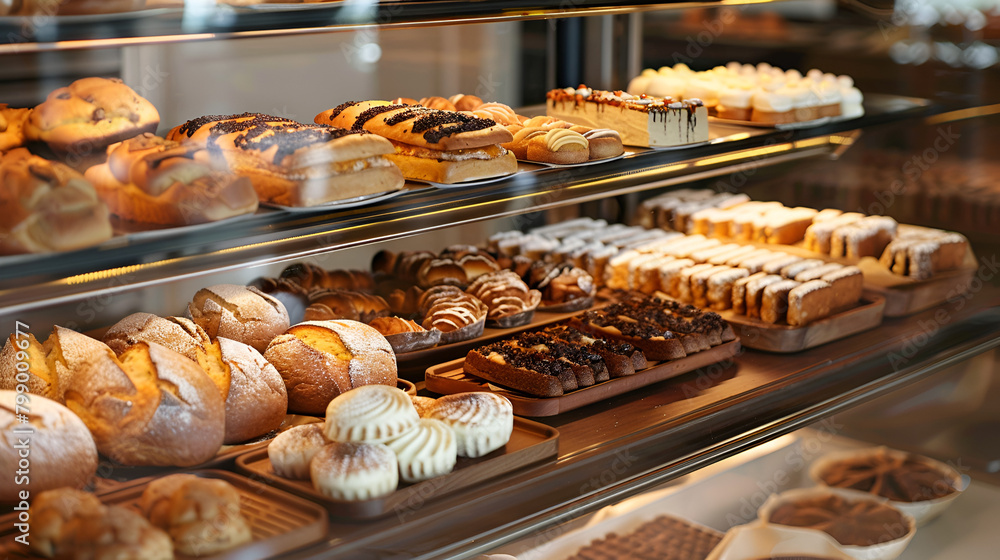 A bakery display case filled with an assortment of freshly baked bread, pastries, and cakes A bakery display case filled with an assortment of freshly baked bread, pastries, and cakes