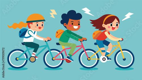 A group of kids excitedly race their bicycles to see who can generate the most electricity using pedal power.