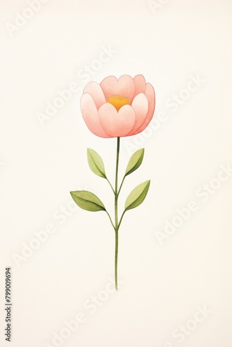 A simple watercolor illustration of a pink flower with a yellow center and green leaves on a white background.