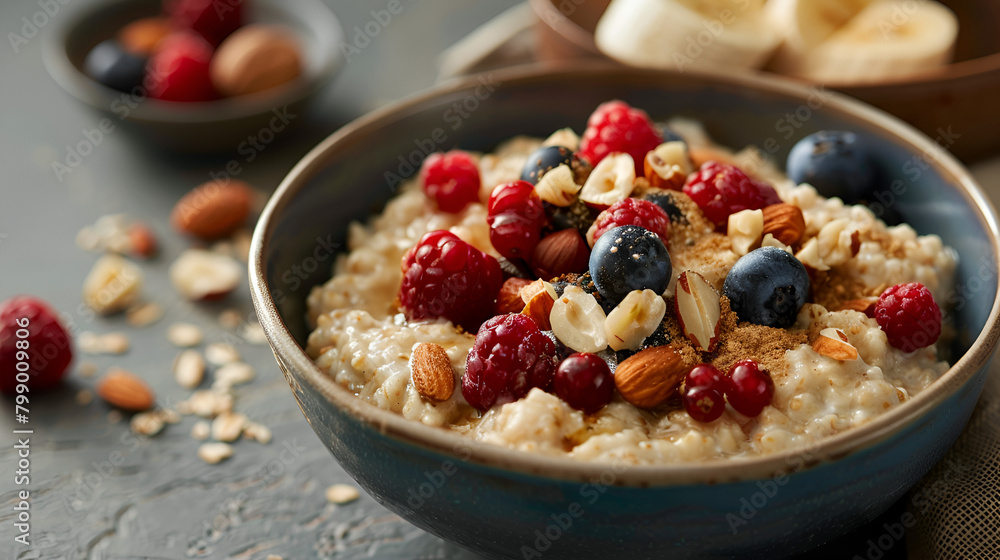 A bowl of comforting oatmeal topped with berries and nuts A bowl of comforting oatmeal topped with berries and nuts