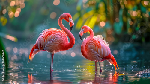 Two pink flamingos in water