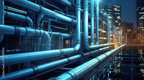 A cityscape filled with intertwining pipes and bright lights, showcasing a complex industrial infrastructure