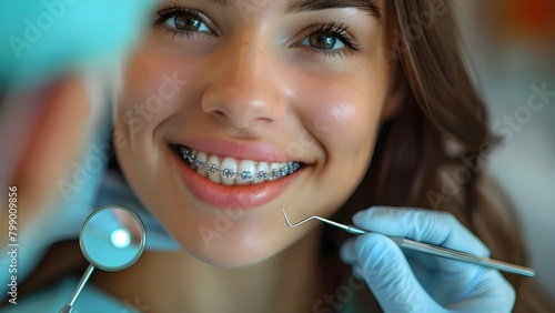 Woman smiles at mirror after dental cleaning and braces consultation with orthodontist. Concept Dental Cleaning, Braces Consultation, Orthodontist Visit, Woman's Smile, Mirror Reflection