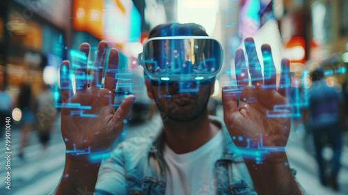 man wearing vr headset in screen, human in virtual reality goggles touching virtual objects only he can see, futuristic concept photo