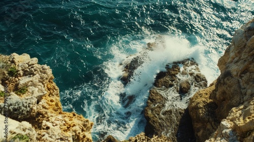 A view showcasing the vast expanse of the Atlantic Ocean as seen from a rugged cliff, with waves crashing against the rocky shore below.