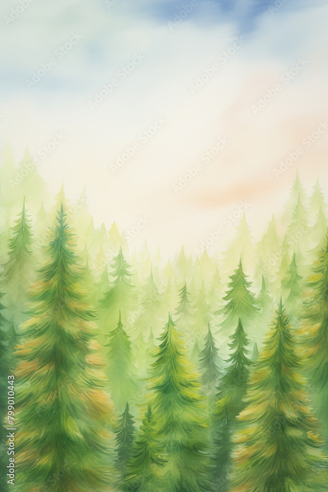 flora, conifers. cartoon drawing, water color style,