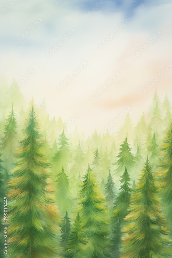 Obraz premium flora, conifers. cartoon drawing, water color style,