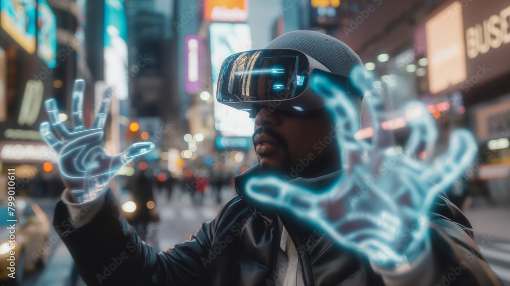 man wearing vr headset in screen, human in virtual reality goggles touching virtual objects only he can see, futuristic concept man wearing vr headset in screen, human in virtual reality goggles touching virtual objects only he can see, futuristic concept