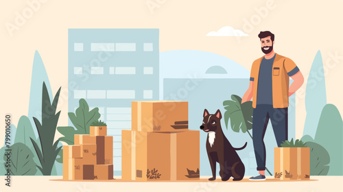 Man and dog moving. Person carrying carton boxes an