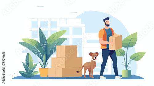Man and dog moving. Person carrying carton boxes an © Mishi