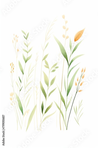 flora, grassland plants. cartoon drawing, water color style.