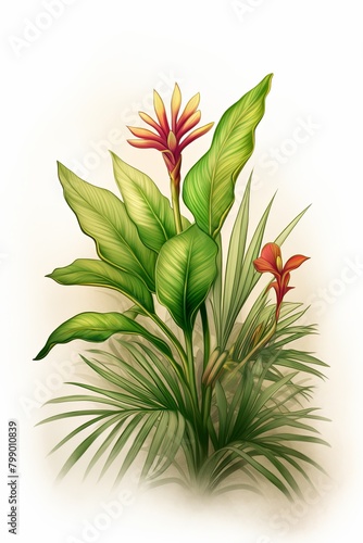 flora, tropical plants. cartoon drawing, water color style,