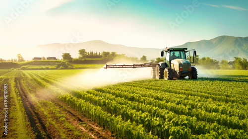A tractor diligently sprays pesticide on a vast field  ensuring the health and vitality of the crops