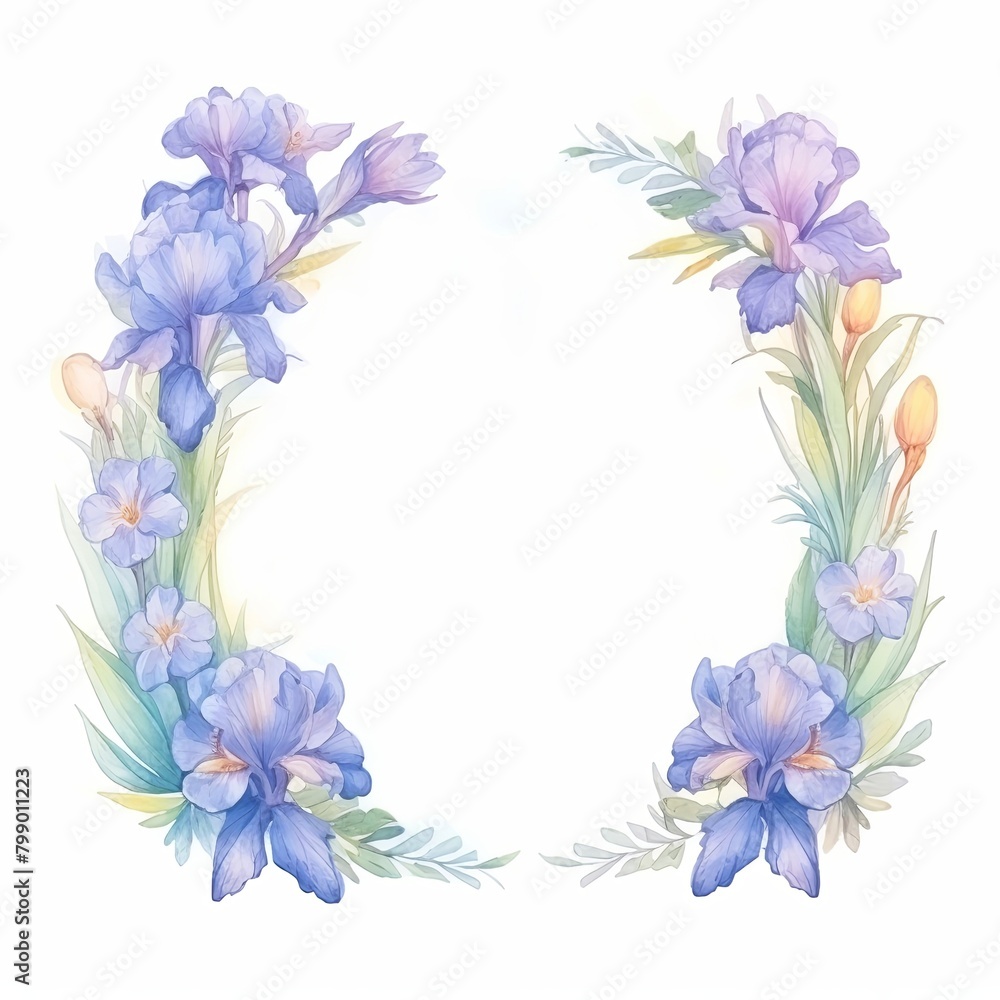 flower frame, iris frame. cartoon drawing, water color style,