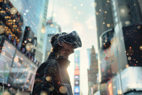 man wearing vr googles in street seeing virtual objects, augment reality concept, futuristic