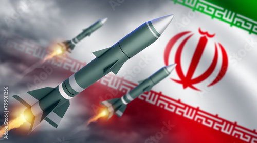 Rockets near Iranian flag. Ballistic missiles take off in sky. Iranian military technologies. Missile attack. Iran cruise missiles attack enemy. Air defense missiles. Nuclear weapon concept. 3d image