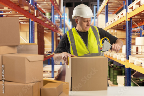 Man works in warehouse. Storekeeper is packing parcel. Warehouse worker with cardboard boxes. Man works as packer in fulfillment center. Specialist stands among shelves with boxes. photo
