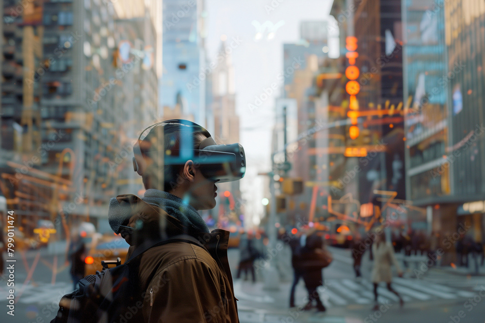 man wearing vr googles in street seeing virtual objects, augment reality concept, futuristic