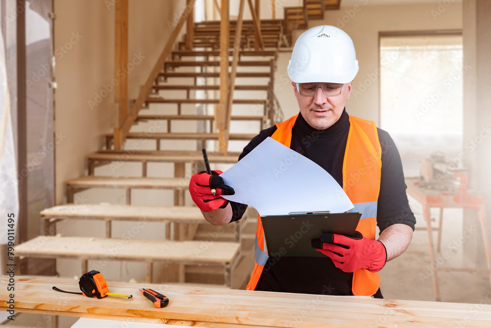 Man builder at work. Worker in building under construction with steps. Construction engineer studies working documentation. Architect guy in work uniform. Man construction bureau specialist Man builder at work. Worker in building under construction with steps. Construction engineer studies working documentation. Architect guy in work uniform. Man construction bureau specialist