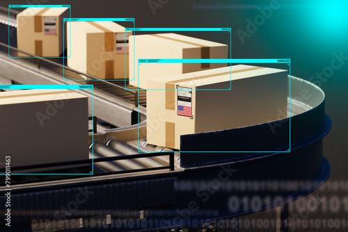 Conveyor line with boxes. Automatic recognition parcels in warehouse. Cardboard boxes with machine vision elements. Conveyor for distribution automation. Innovative warehouse with conveyor. 3d image © Grispb