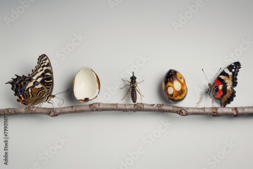 Create an image that represents: butterfly evolution phases, egg, larva, pupa and adult. photo