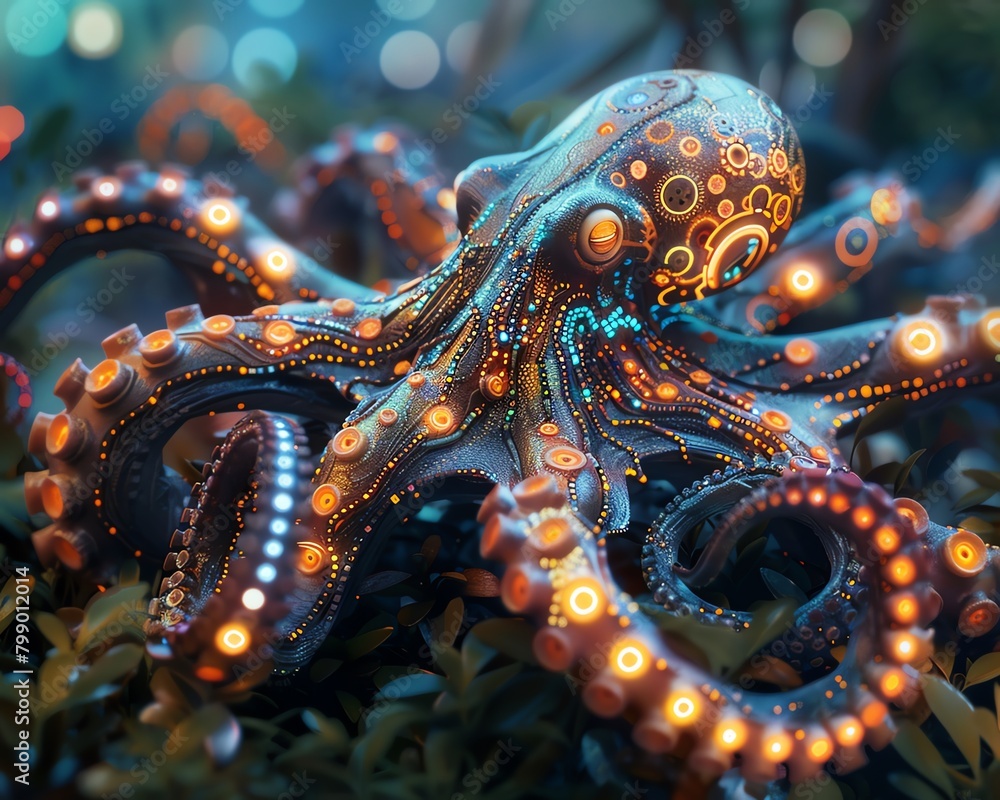 Design a scene where a digital octopus, adorned with glowing circuit ...